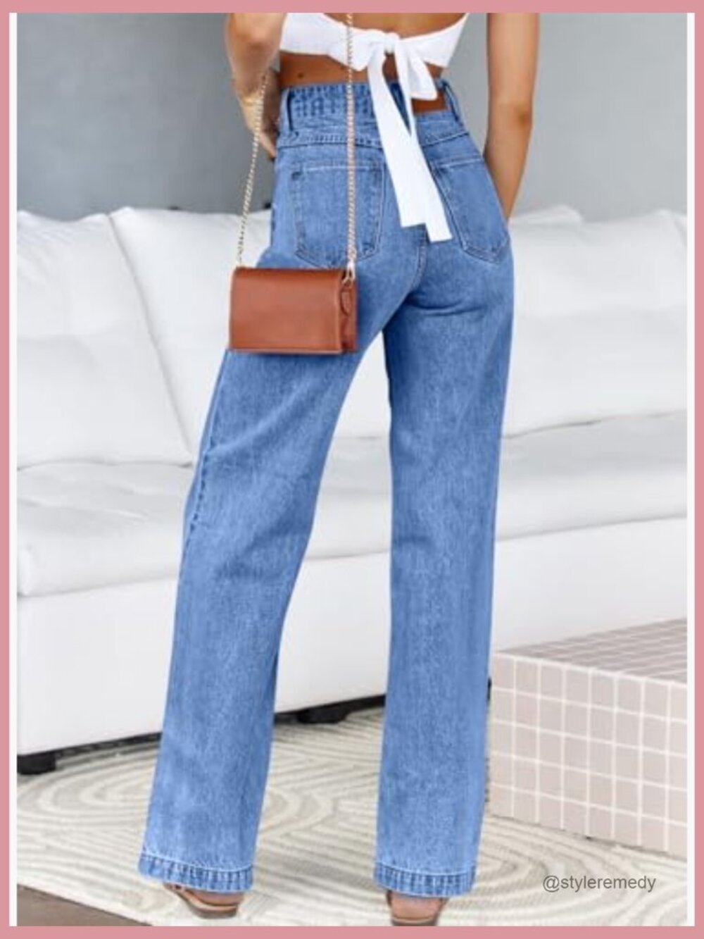 High Waisted Straight Leg Stretchy Jeans Wide Leg Denim Pants with Pockets - Picture 2 of 7